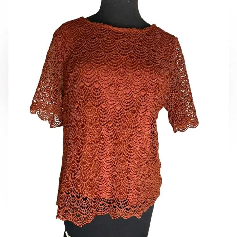 Y2K Crochet Lace Sheer Sleeve Top Midi Skirt Set Womens Size L Romantic Feminine